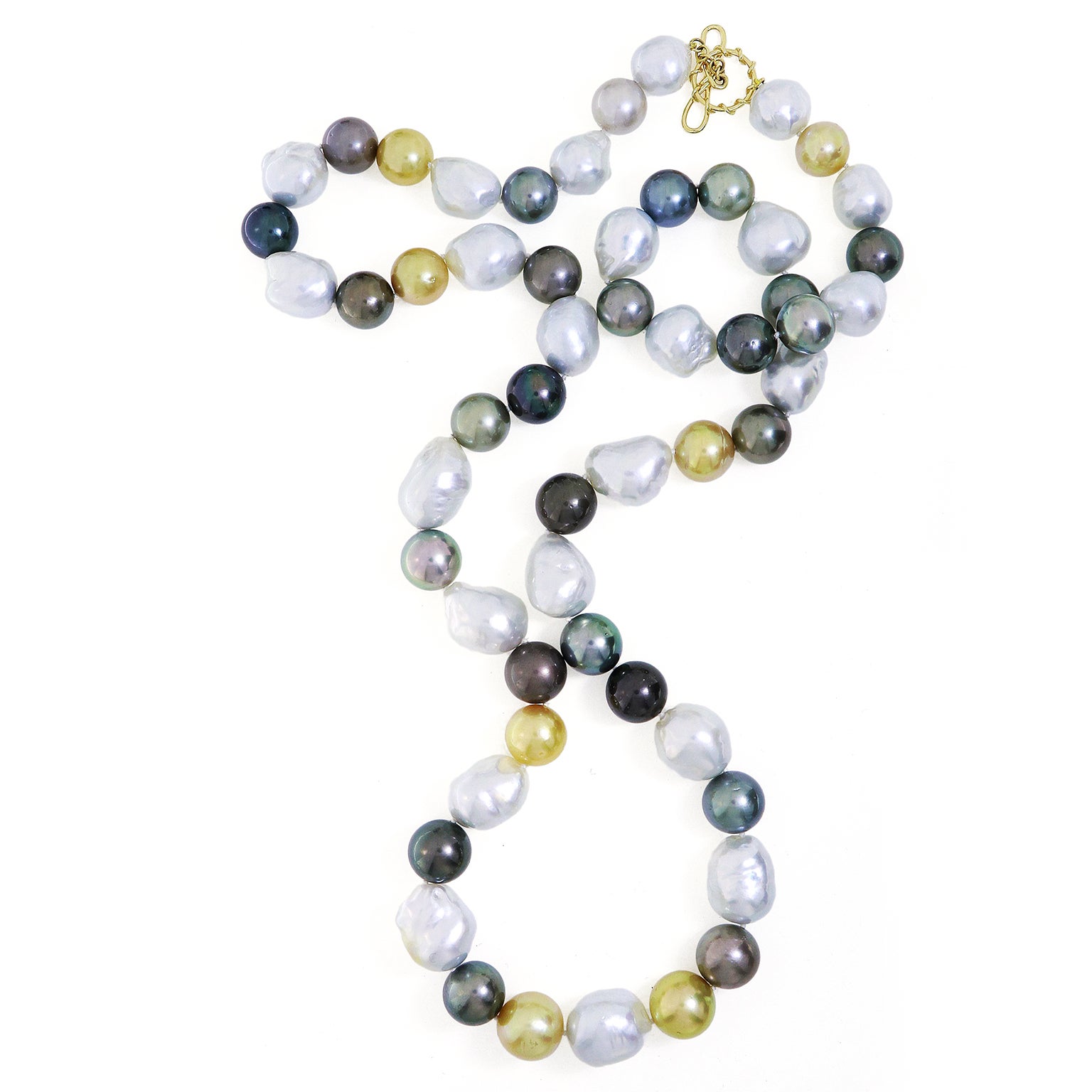 Collana di perle barocche e tahitiane in oro giallo 18 carati, bianco, grigio e oro