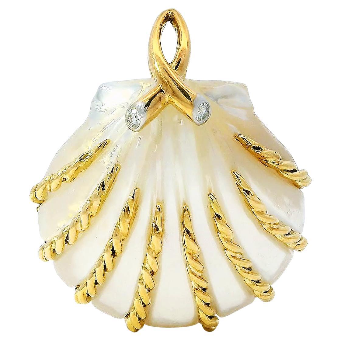18K Yellow Gold White Mother of Pearl SeaShell Pendant with Diamond Accents
