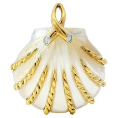 18K Yellow Gold White Mother of Pearl SeaShell Pendant with Diamond Accents