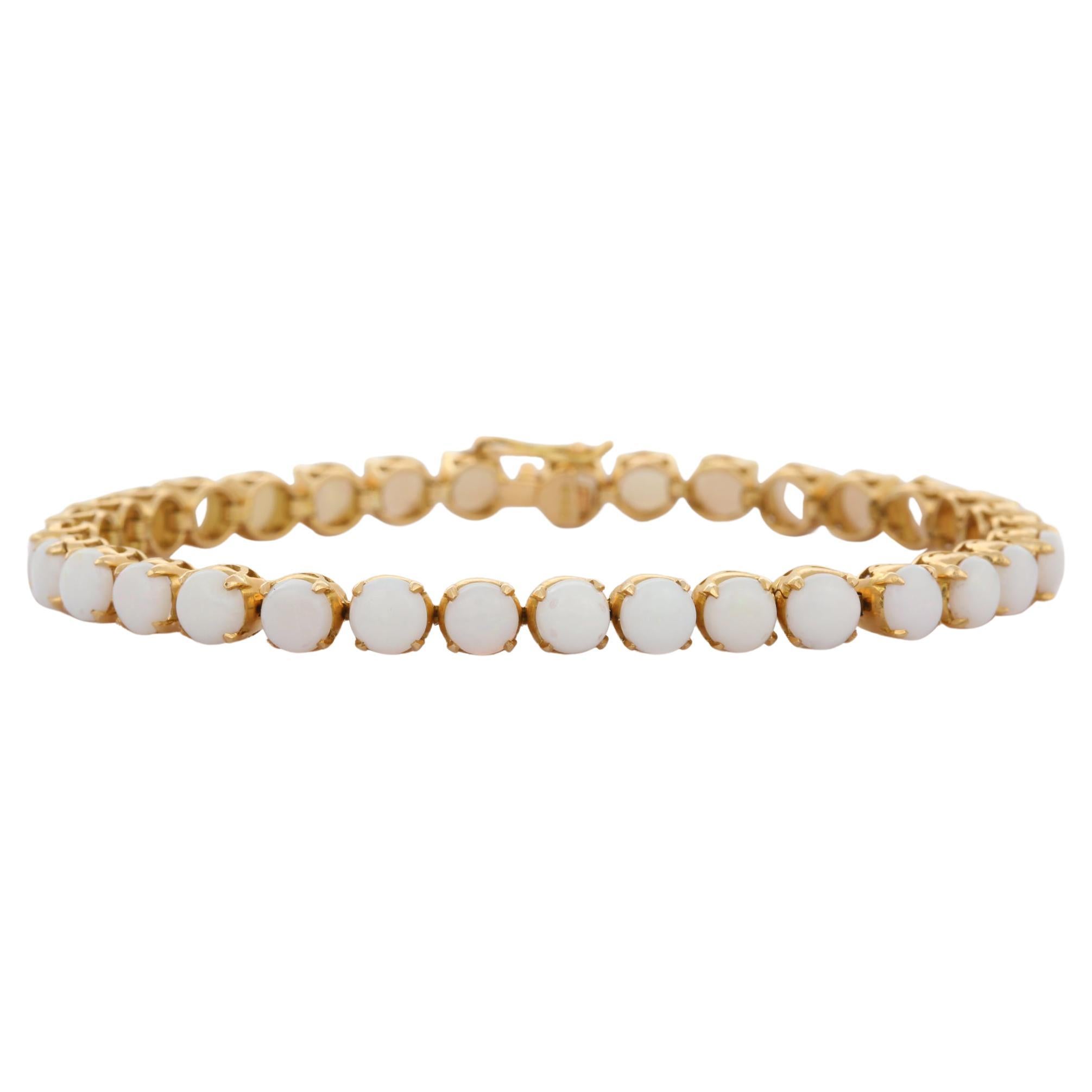 18 Karat Solid Yellow Gold 5mm Round Cut White Opal Tennis Bracelet For Sale