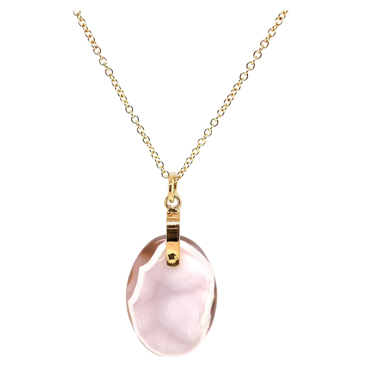 18k Yellow Gold White Oval Druzy Pendant on a 14k Yellow Gold Chain For Sale