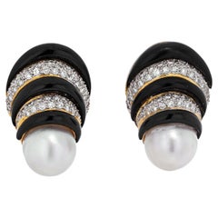 18K Yellow Gold White Pearl, Black Enamel, White Diamonds Earrings