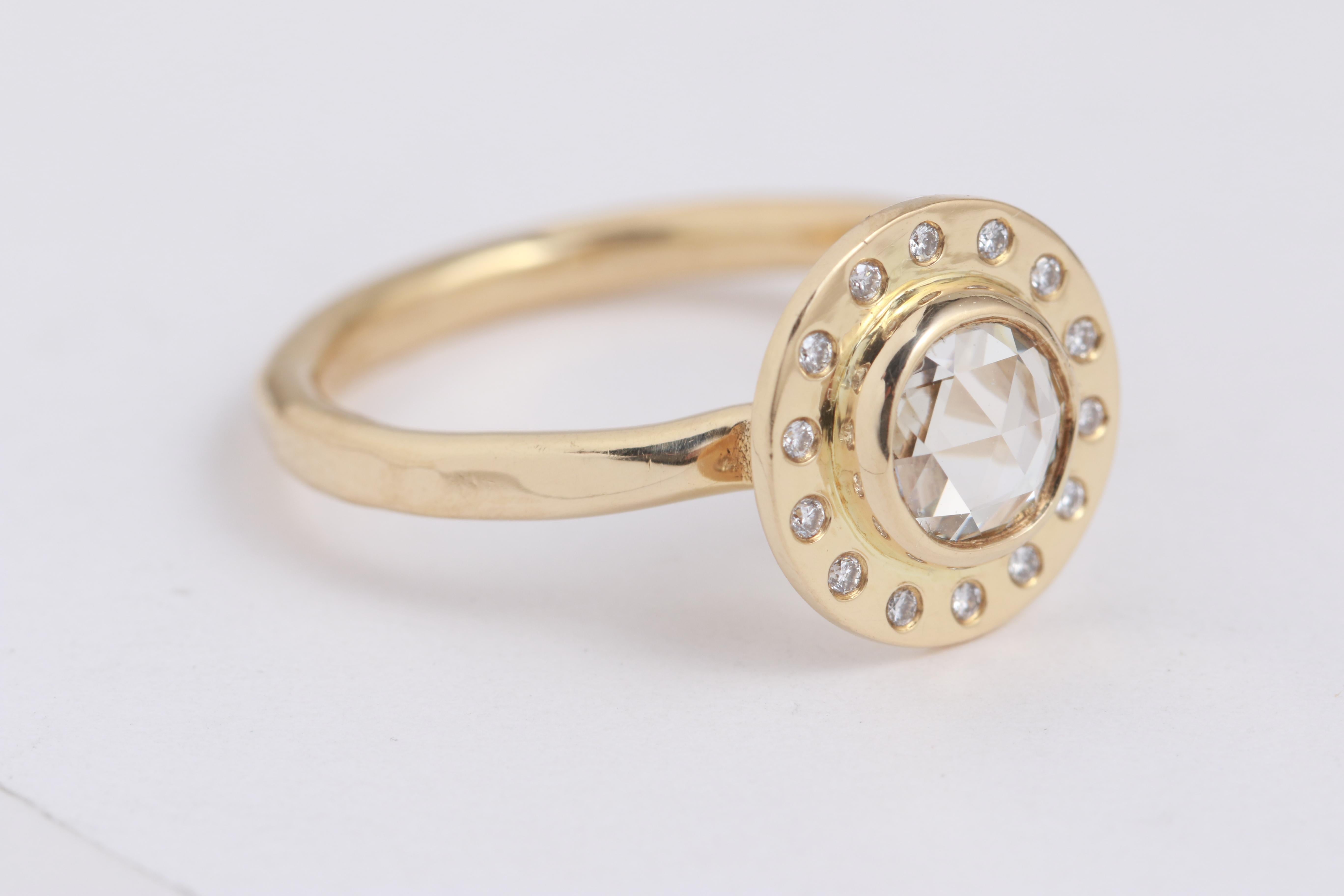18k Yellow Gold White Rosecut Diamond with Halo In New Condition For Sale In Brooklyn, NY