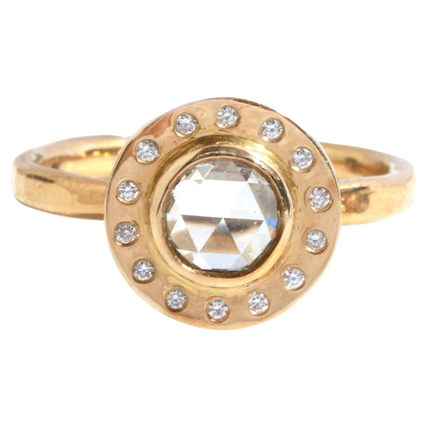18k Yellow Gold White Rosecut Diamond with Halo For Sale