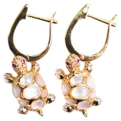 18K Yellow Gold White Shell Drop Earrings with Natural Diamonds