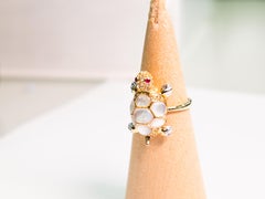 18K Yellow Gold White Shell Turtle Ring with Natural Diamonds