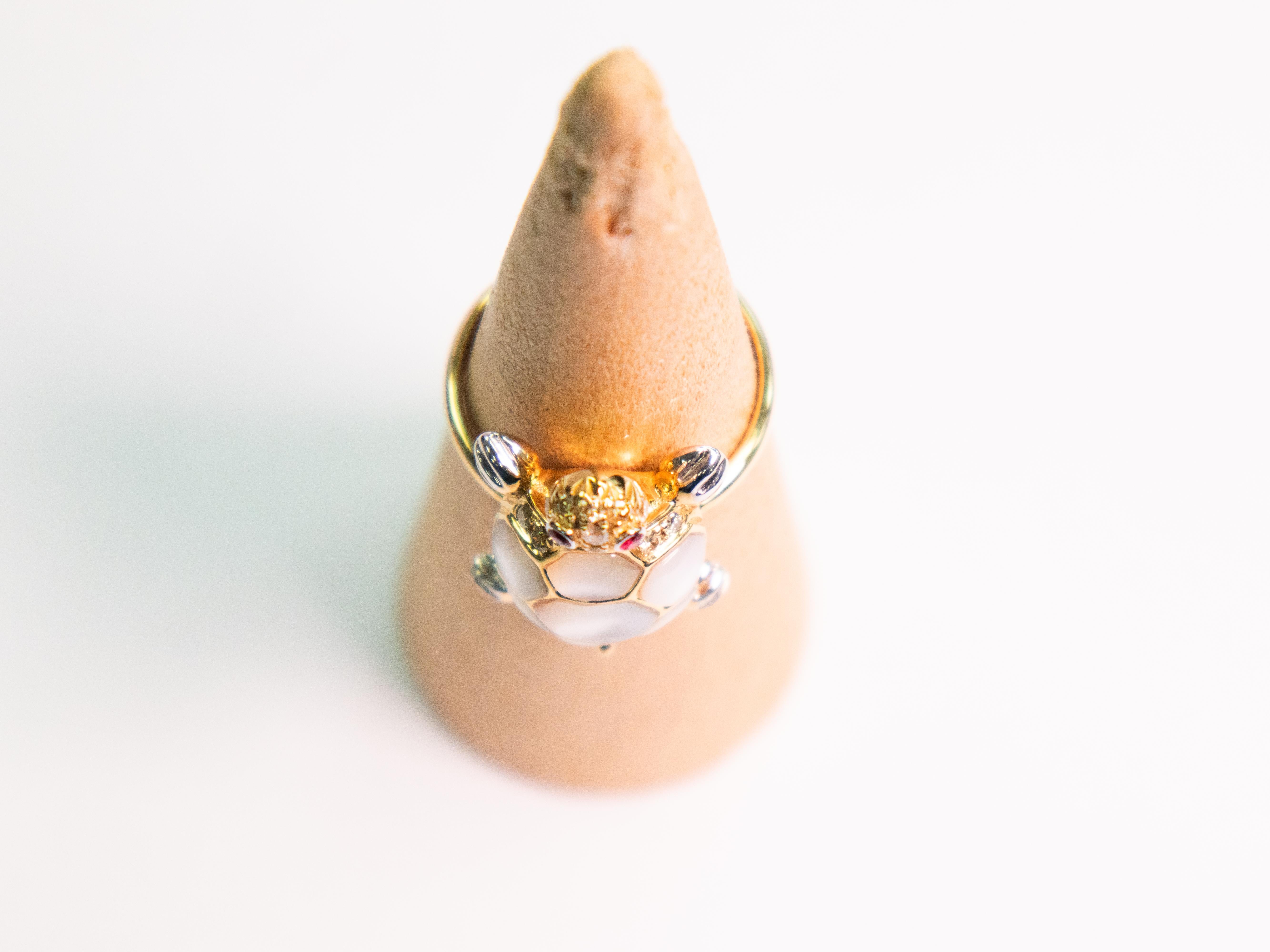 Modern 18K Yellow Gold White Shell Turtle Ring with Natural Diamonds For Sale