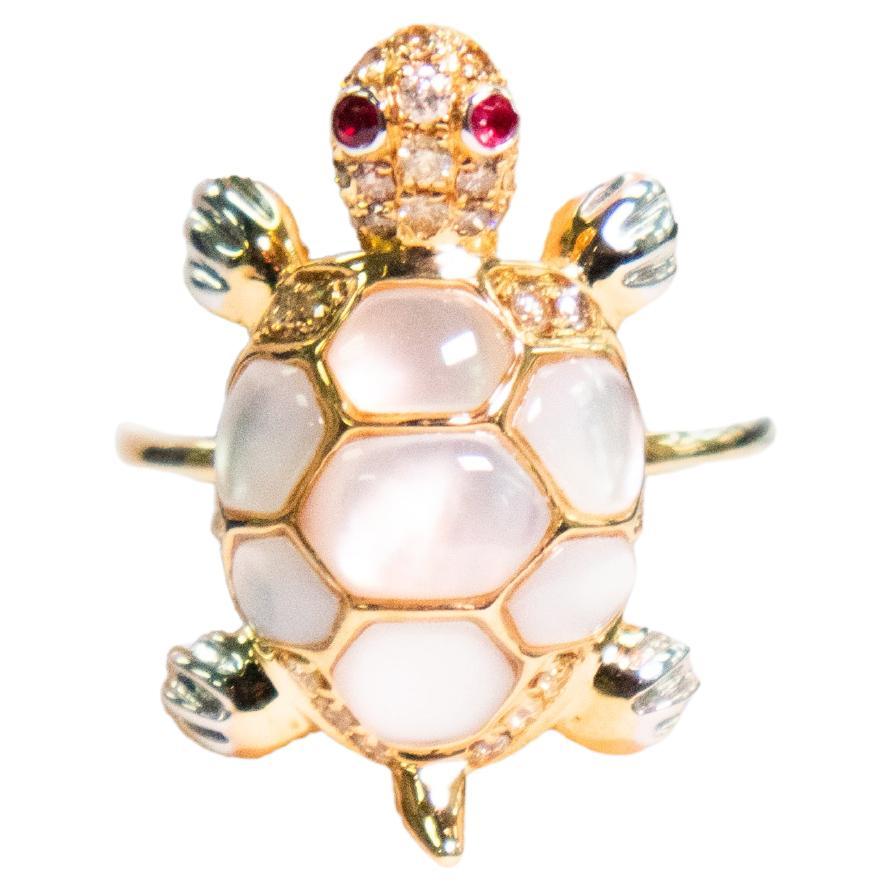 18K Yellow Gold White Shell Turtle Ring with Natural Diamonds