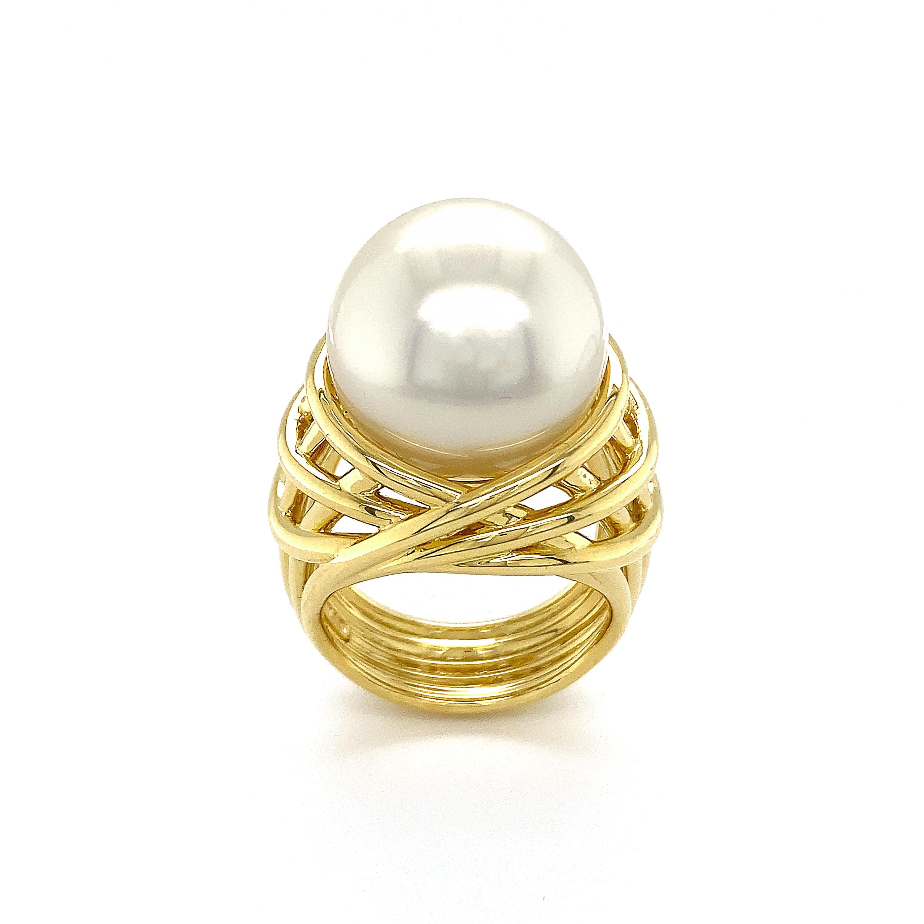Women's or Men's 18K Yellow Gold White South Sea Pearl Cage Ring For Sale