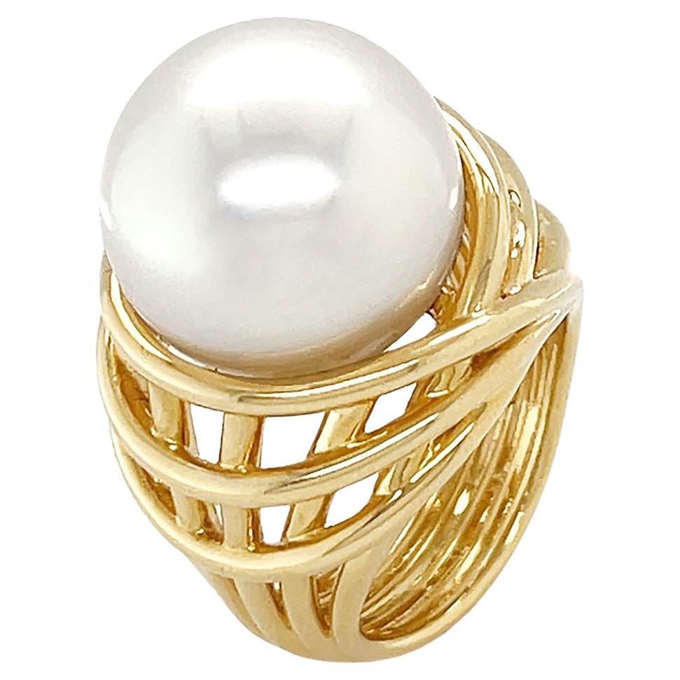 18K Yellow Gold White South Sea Pearl Cage Ring For Sale