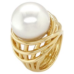 18K Yellow Gold White South Sea Pearl Cage Ring