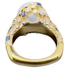 18k Yellow Gold White South Sea Pearl Ring with Diamonds and Blue Sapphire