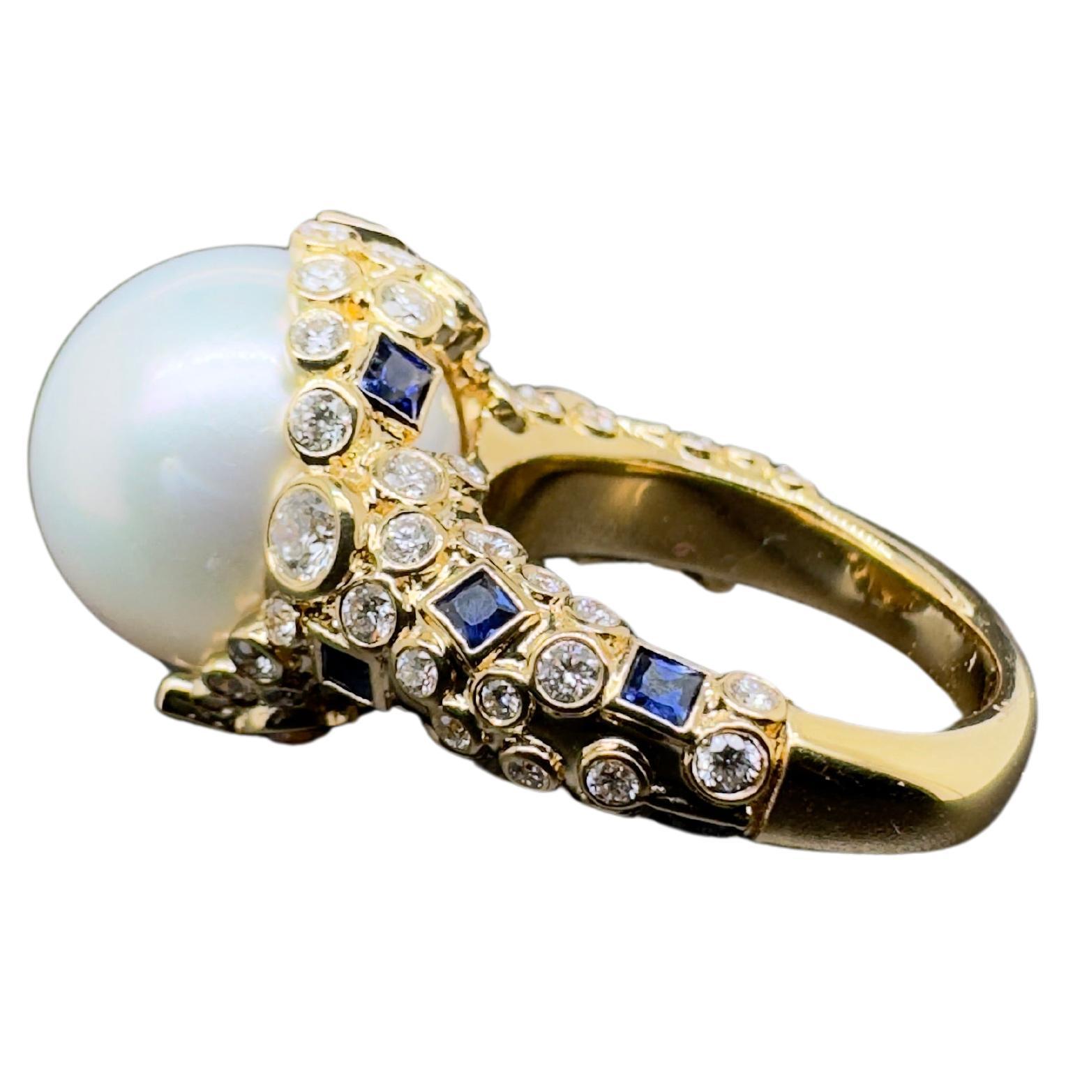 Round Cut 18k Yellow Gold White South Sea Pearl Ring with Diamonds and Blue Sapphire For Sale