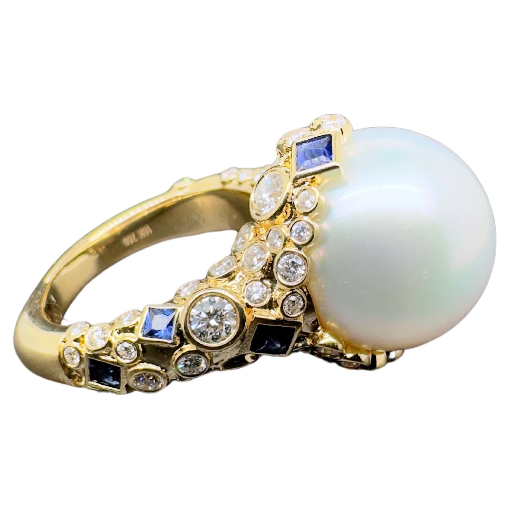 18k Yellow Gold White South Sea Pearl Ring with Diamonds and Blue Sapphire For Sale