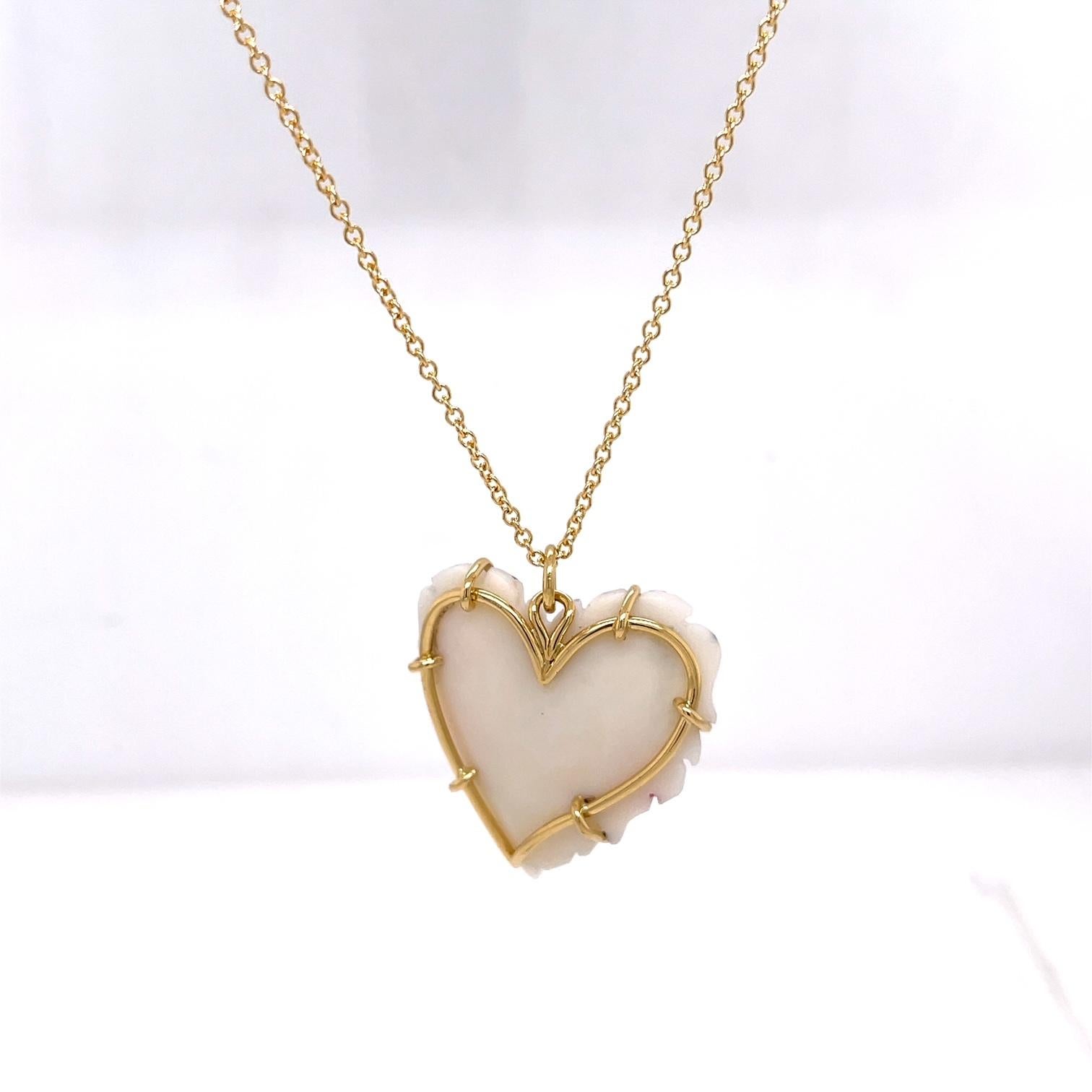 Contemporary 18k Yellow Gold White Speckled Carved Druzy Heart Pendant For Sale