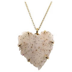 18k Yellow Gold White Speckled Carved Druzy Heart Pendant