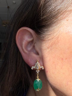 18K Yellow Gold, White Zircon & Chrysoprase Drop Earrings by Paula Crevoshay