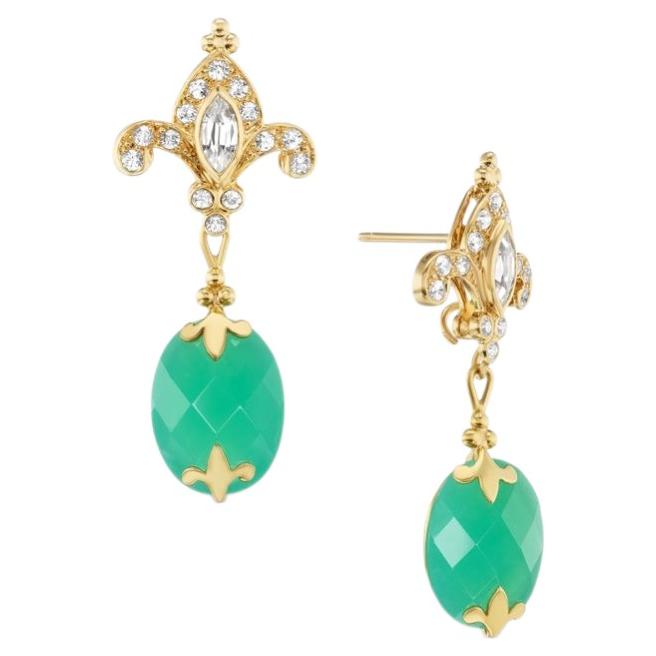18K Yellow Gold, White Zircon & Chrysoprase Drop Earrings by Paula Crevoshay For Sale