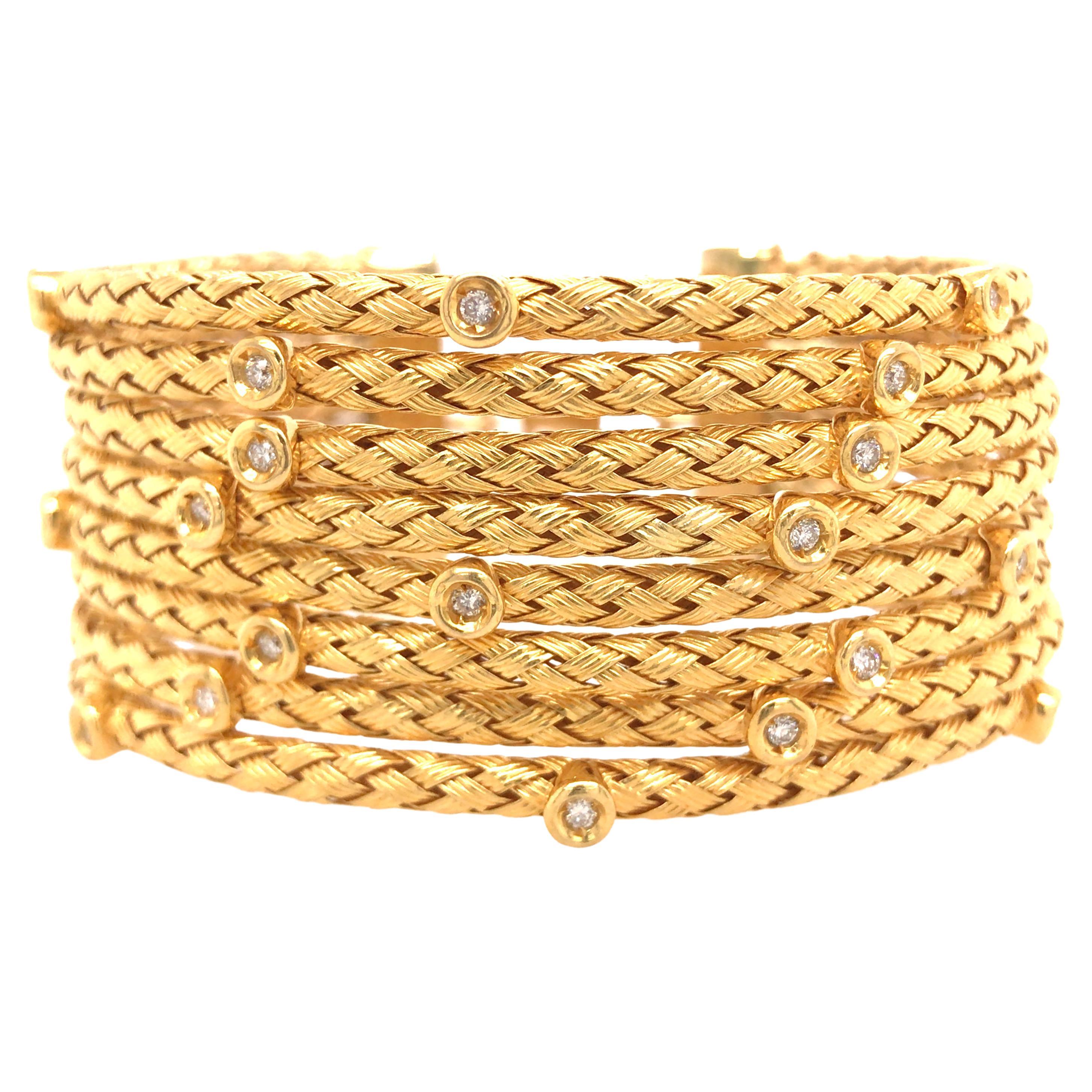 18K Yellow Gold Row Rope Bangle with Diamonds For Sale