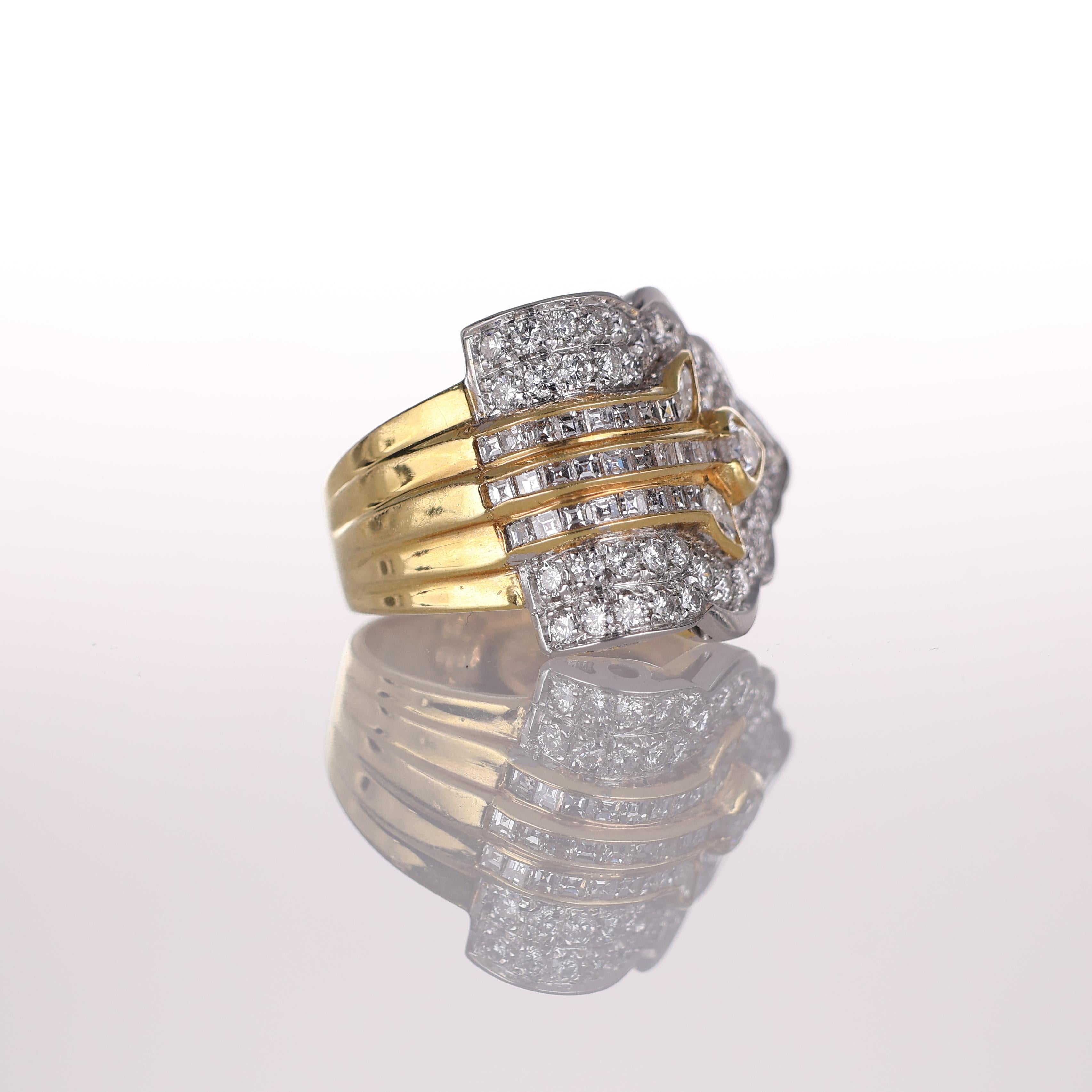 Brilliant Cut 18K Yellow Gold Wide Band Ring with Diamond Leaf Motif For Sale
