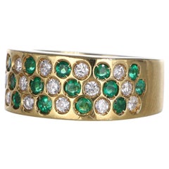 18k Yellow Gold Wide Band Ring with Emeralds and Diamonds