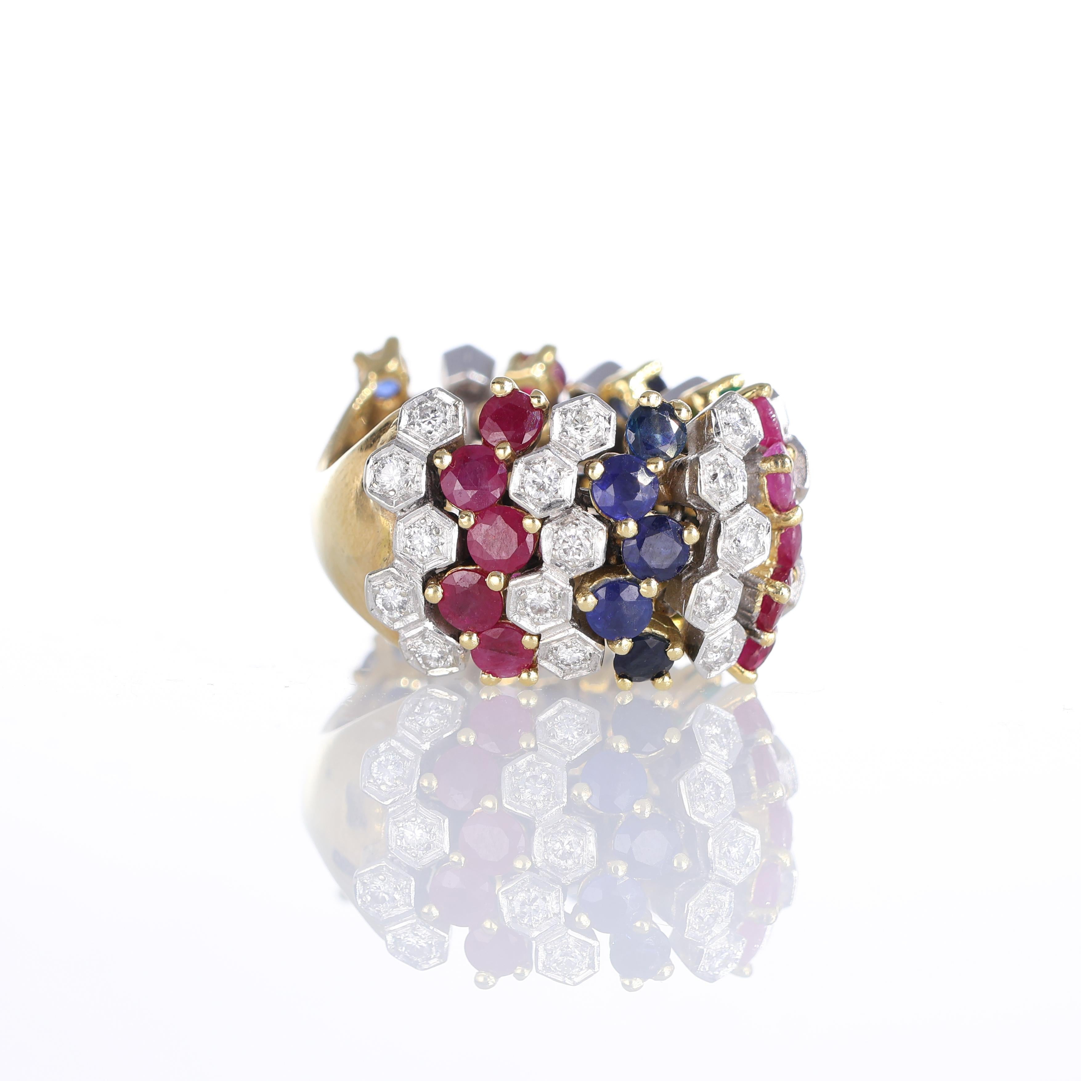 Brilliant Cut 18k Yellow Gold Wide Band Ring with Emeralds, Rubies, Sapphires, and Diamonds For Sale