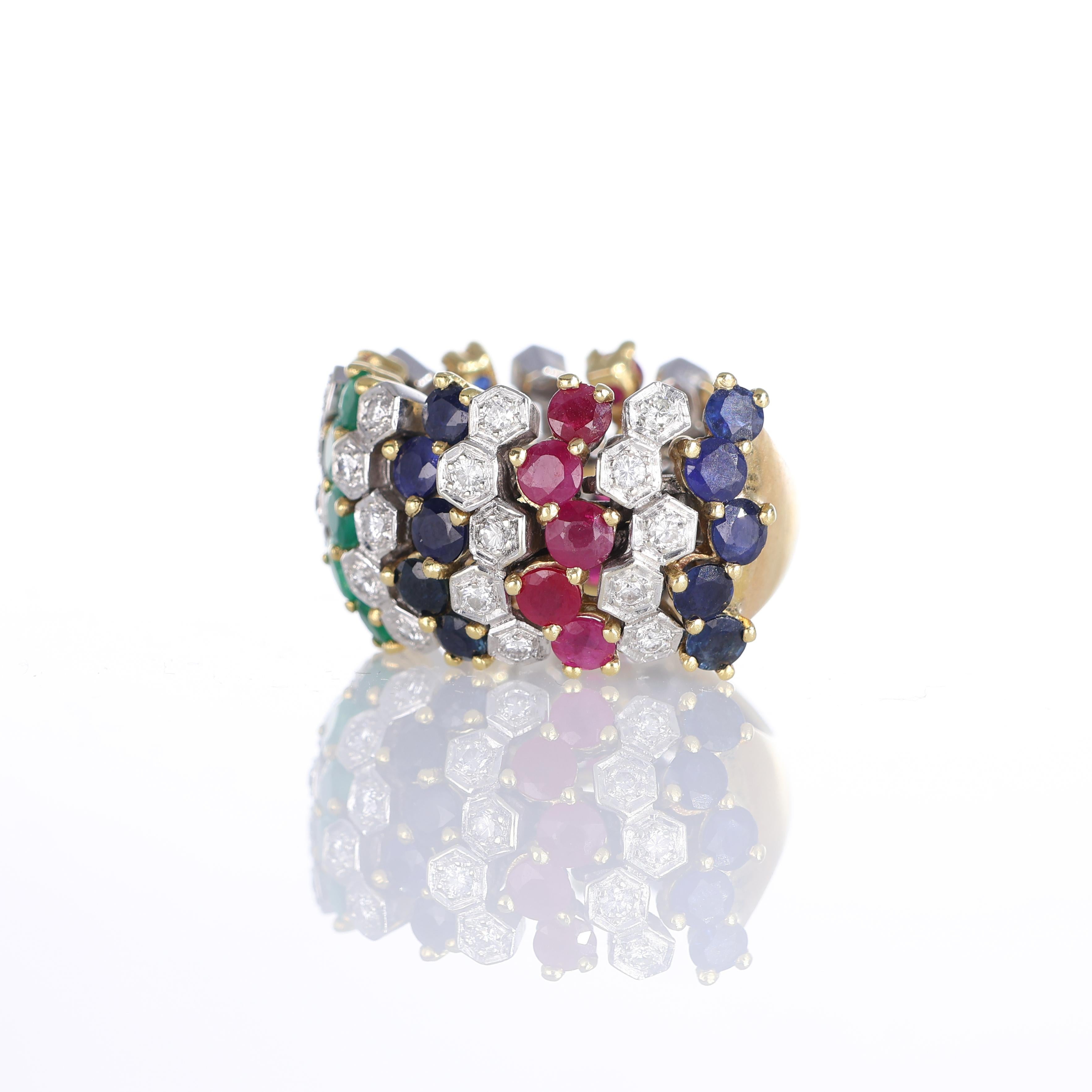 18k Yellow Gold Wide Band Ring with Emeralds, Rubies, Sapphires, and Diamonds In New Condition For Sale In Bergamo, BG