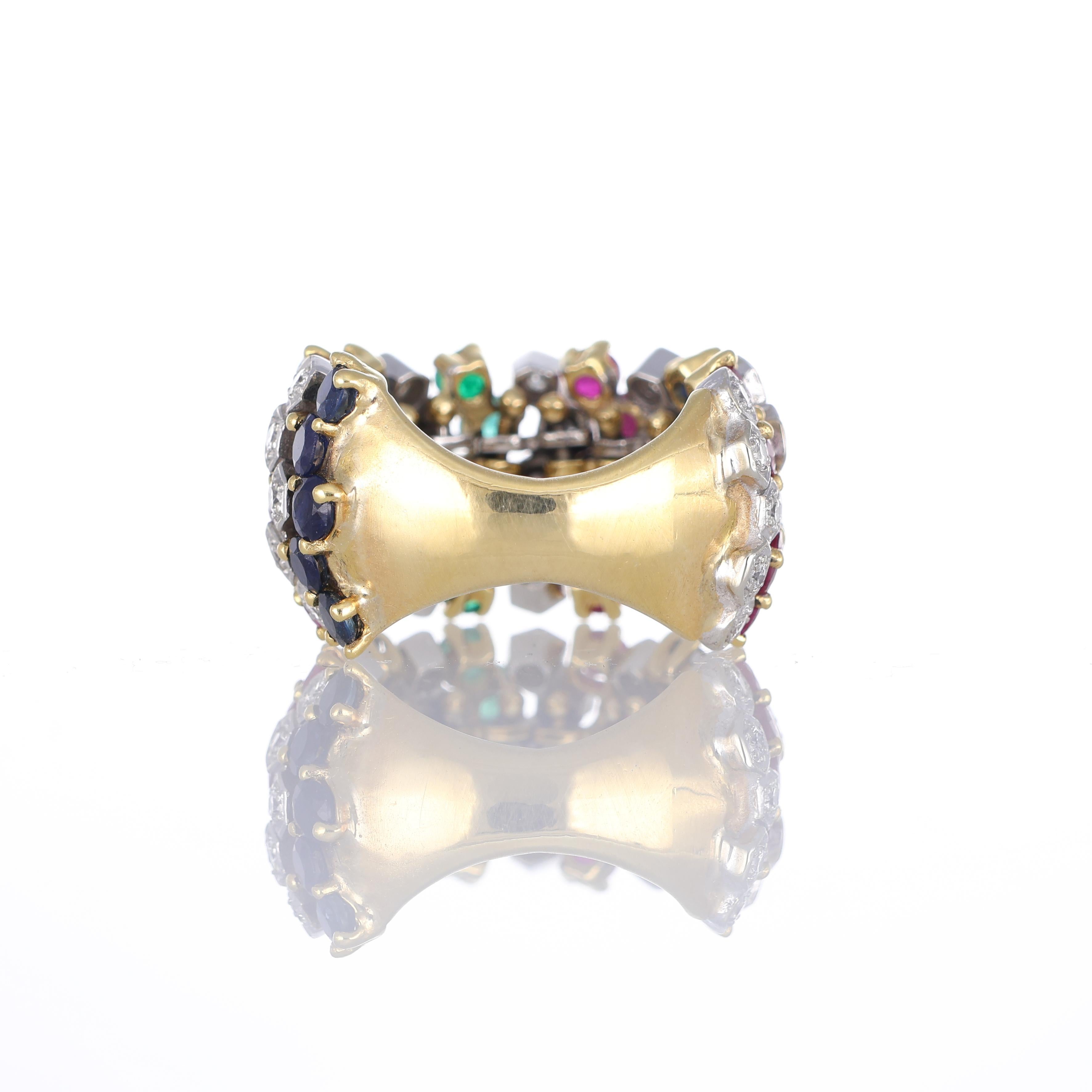 Women's or Men's 18k Yellow Gold Wide Band Ring with Emeralds, Rubies, Sapphires, and Diamonds For Sale
