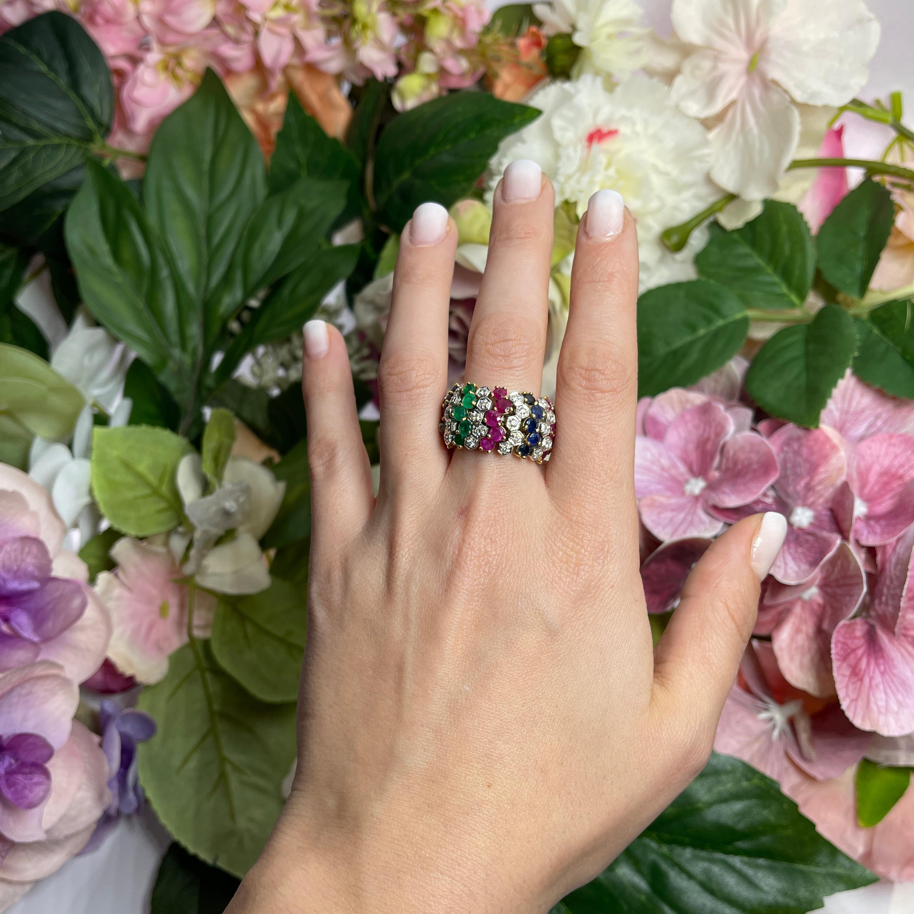 18k Yellow Gold Wide Band Ring with Emeralds, Rubies, Sapphires, and Diamonds For Sale 1