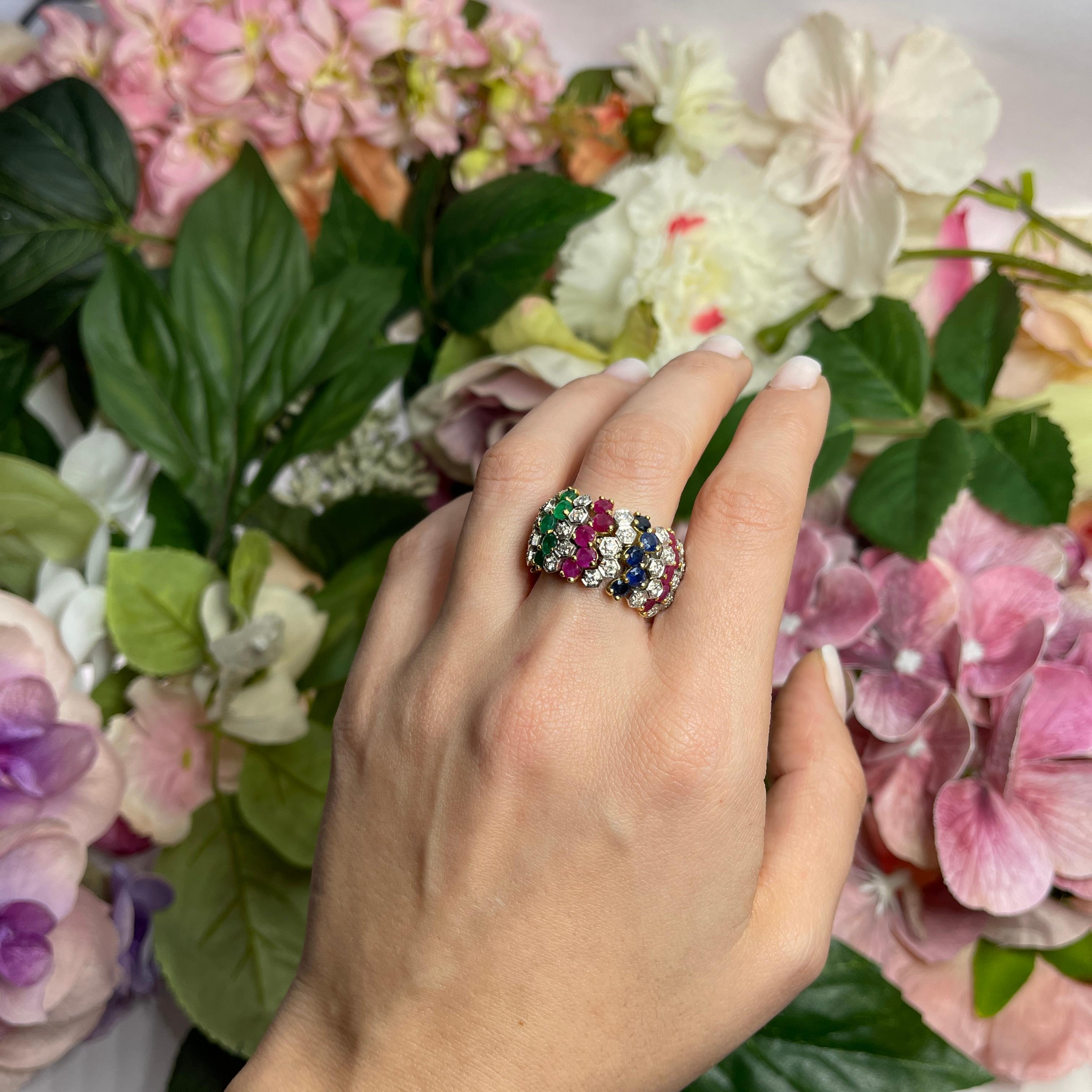 18k Yellow Gold Wide Band Ring with Emeralds, Rubies, Sapphires, and Diamonds For Sale 2