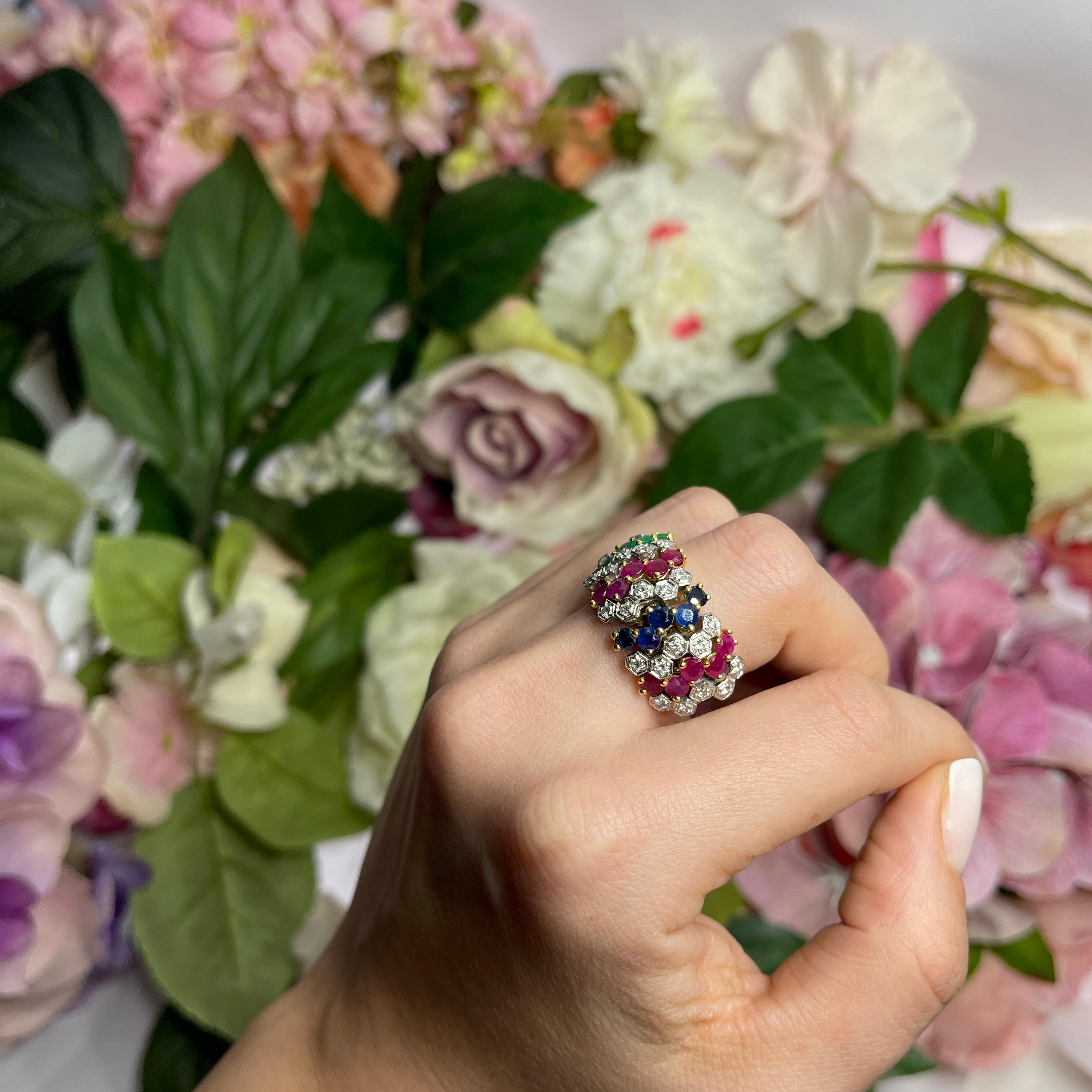 18k Yellow Gold Wide Band Ring with Emeralds, Rubies, Sapphires, and Diamonds For Sale 3
