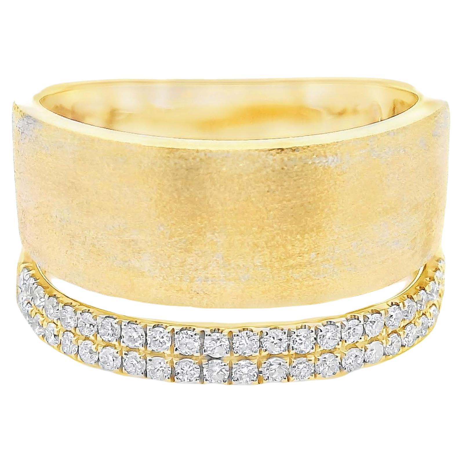 18K Yellow Gold Wide Band Ring with Row of Pave Diamonds For Sale