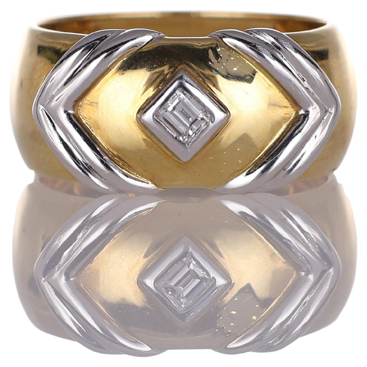 18K Yellow Gold Wide Band Ring with White Gold Arrow Motif and Diamonds