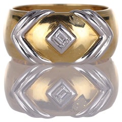 18K Yellow Gold Wide Band Ring with White Gold Arrow Motif and Diamonds