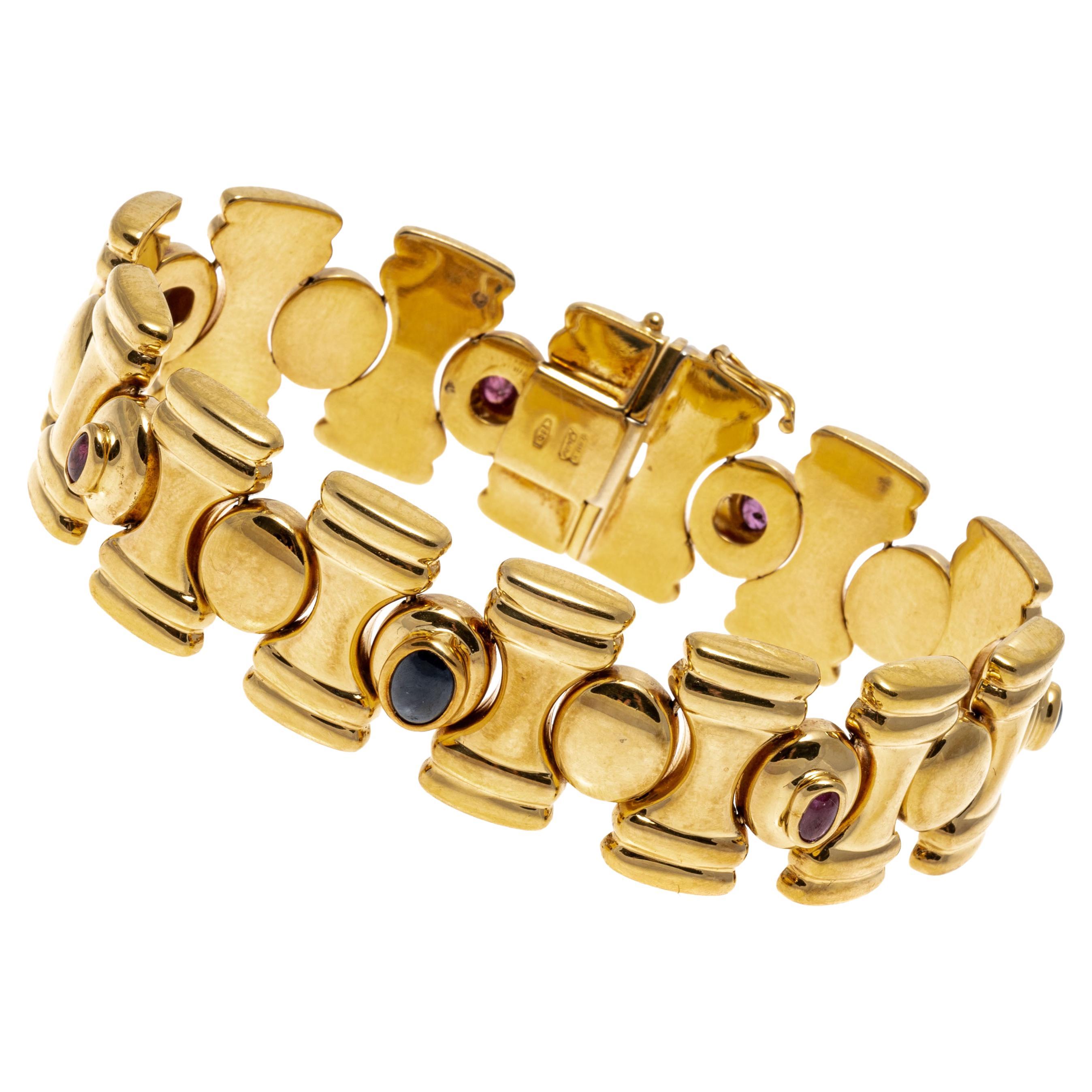18k Yellow Gold Wide "Chess Piece" Link Bracelet with Rubies & Sapphires For Sale