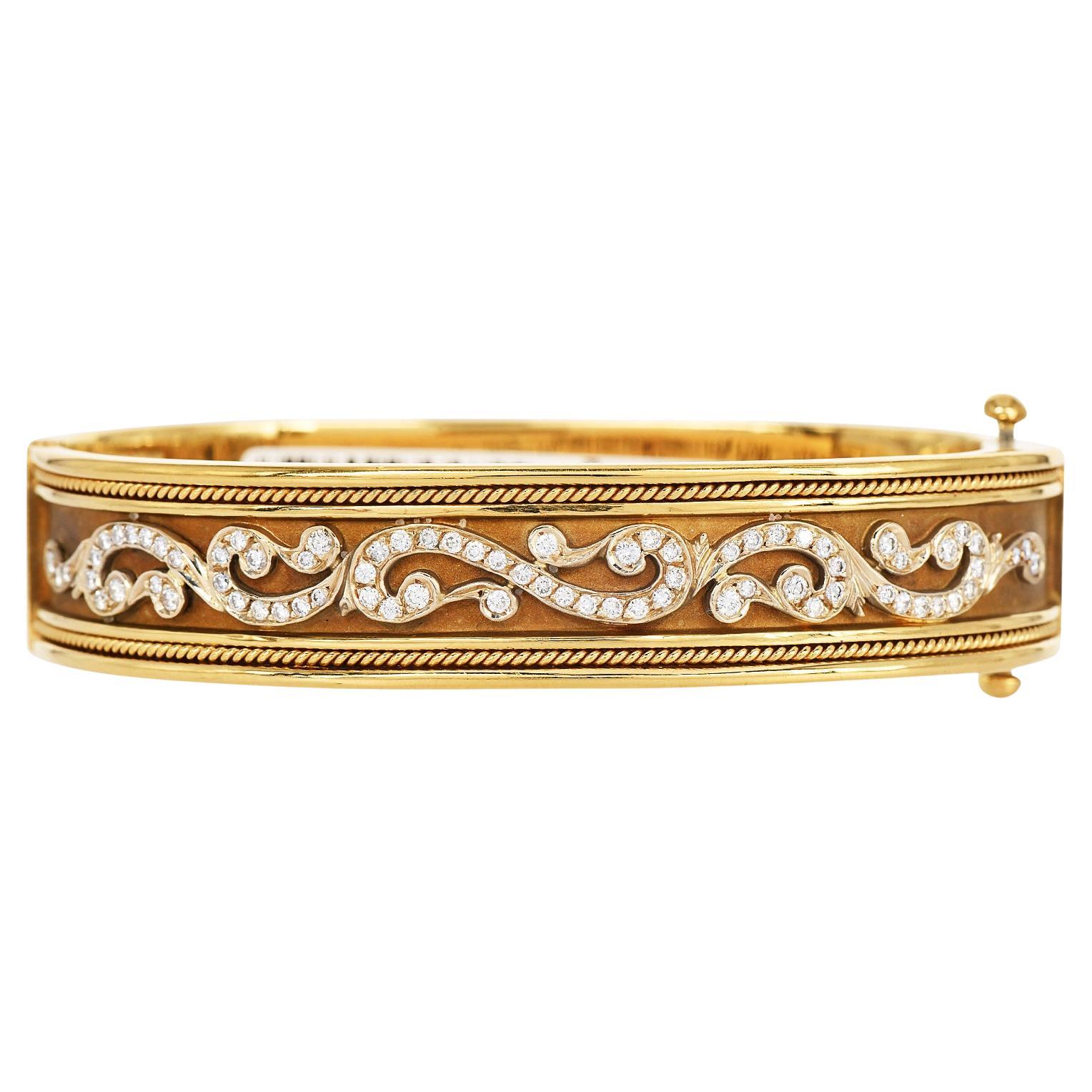 18K Yellow Gold Wide Cuff Bracelet with Natural Diamonds – Filigree Design