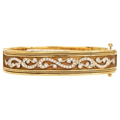 18K Yellow Gold Wide Cuff Bracelet with Natural Diamonds – Filigree Design