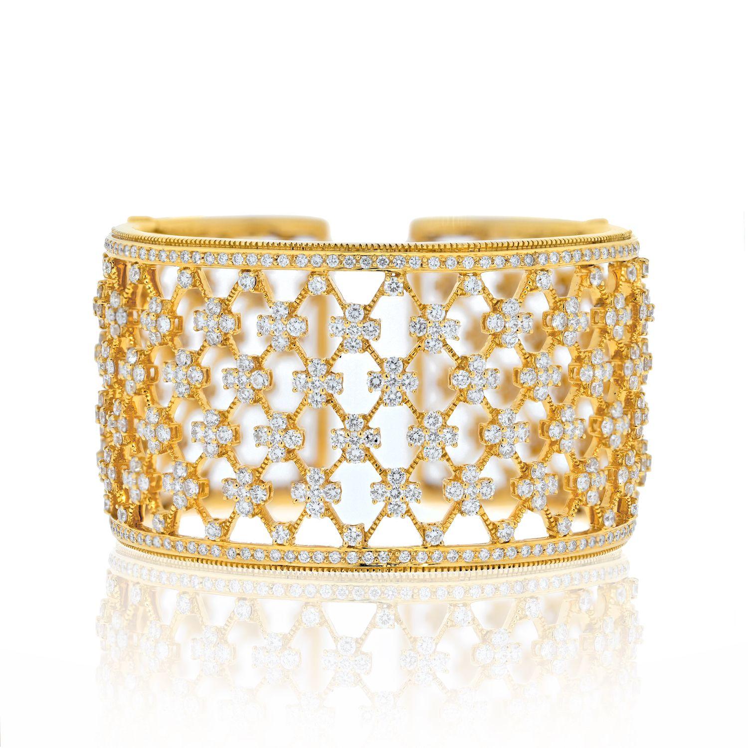 Modern 18K Yellow Gold Wide Openwork 32cts Diamond Cuff Bracelet For Sale