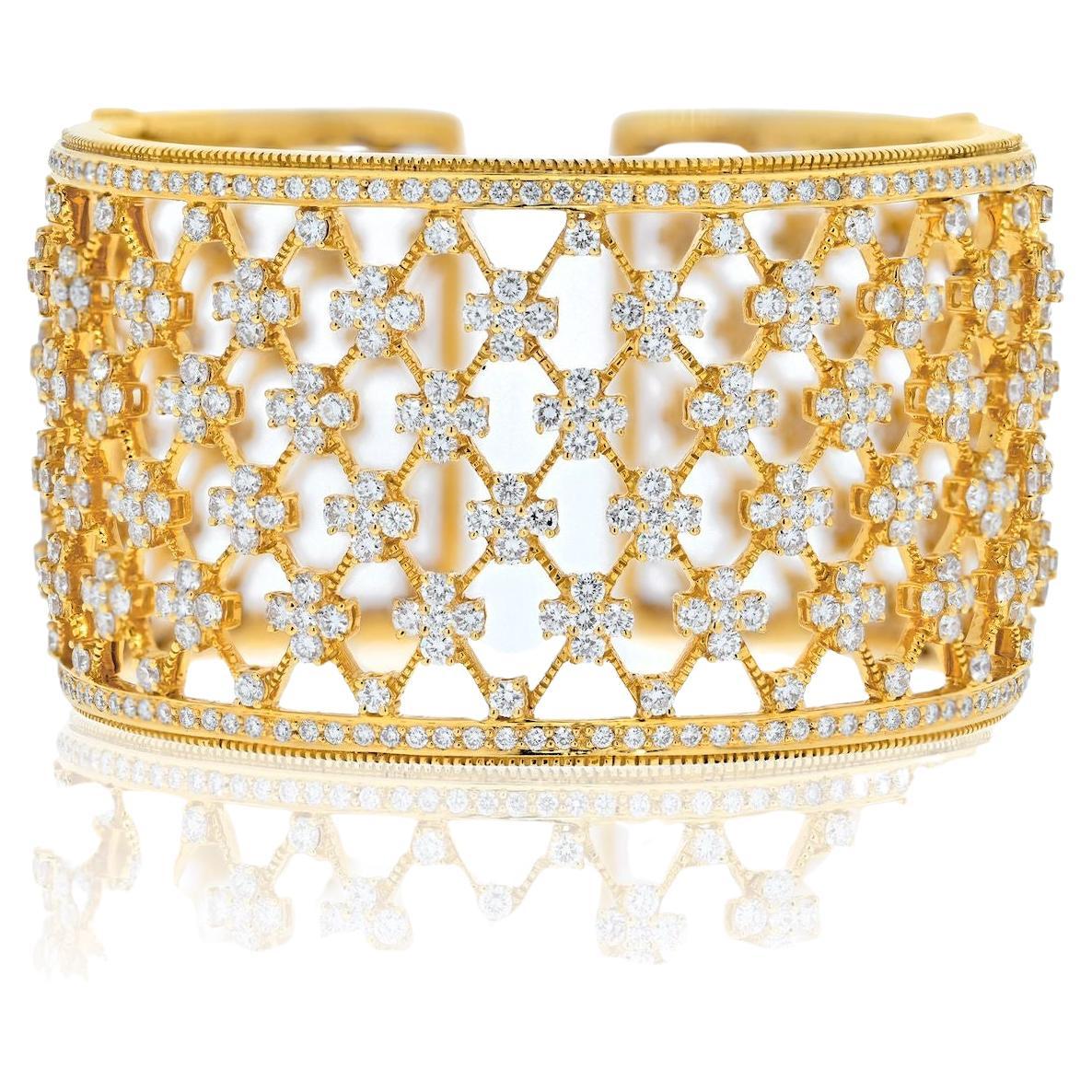 18K Yellow Gold Wide Openwork 32cts Diamond Cuff Bracelet For Sale