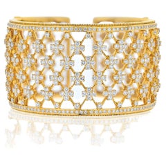 18K Yellow Gold Wide Openwork 32cts Diamond Cuff Bracelet