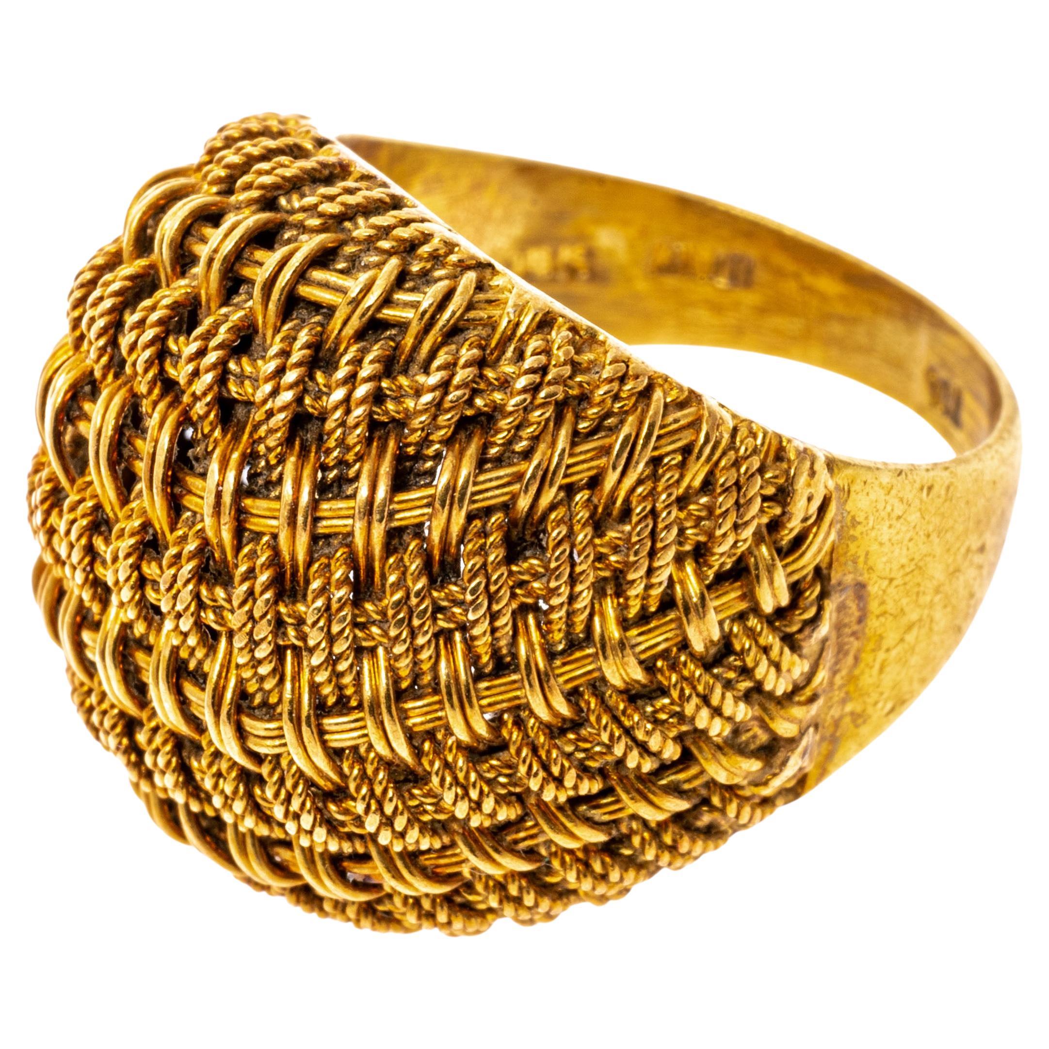 18k Yellow Gold Wide Woven Basketweave Style Dome Ring For Sale