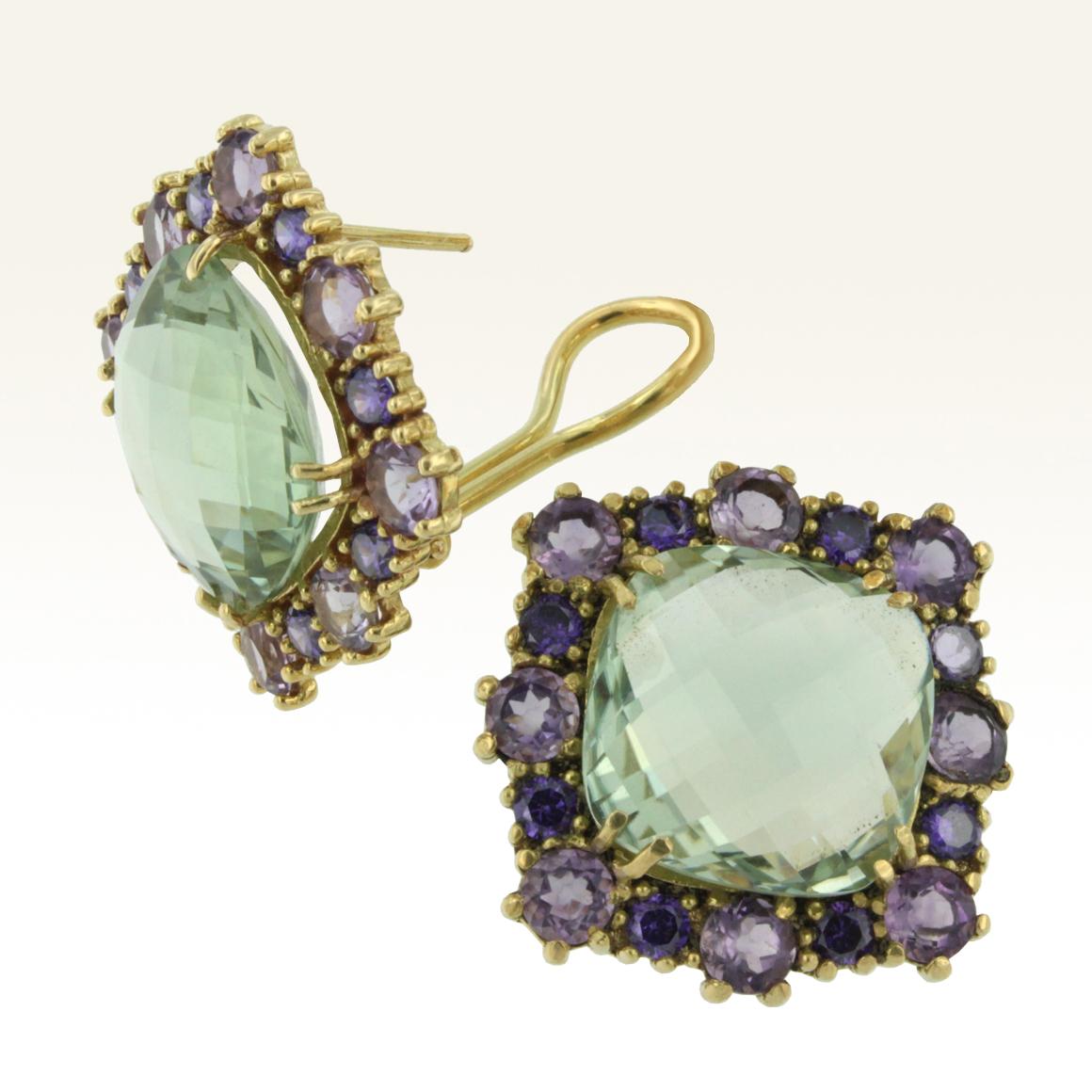 Earrings in 18k yellow gold with Amethyst (round cut, size:4,50 and 2,50 mm) and Green Amethyst (square cut, size: 16x16 mm) g.21,00    Beauty never stops until perfection is reached.  Nature has created the same stones with different colors. In