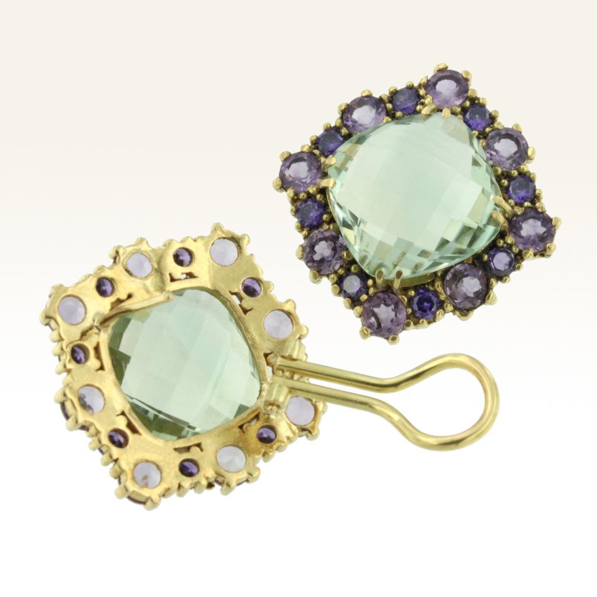 Modern 18 Karat Yellow Gold with Amethyst and Green Amethyst Earrings