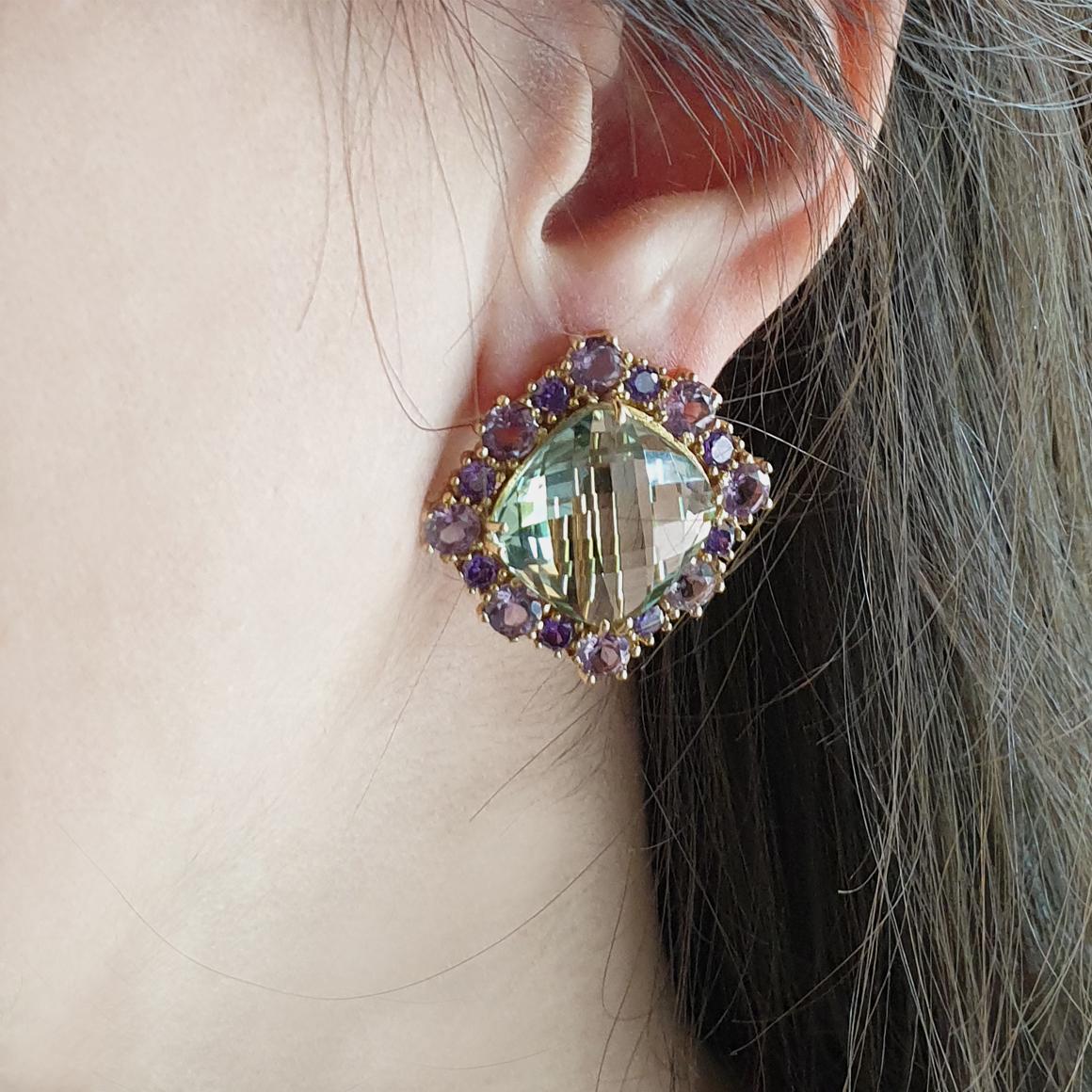 Round Cut 18 Karat Yellow Gold with Amethyst and Green Amethyst Earrings