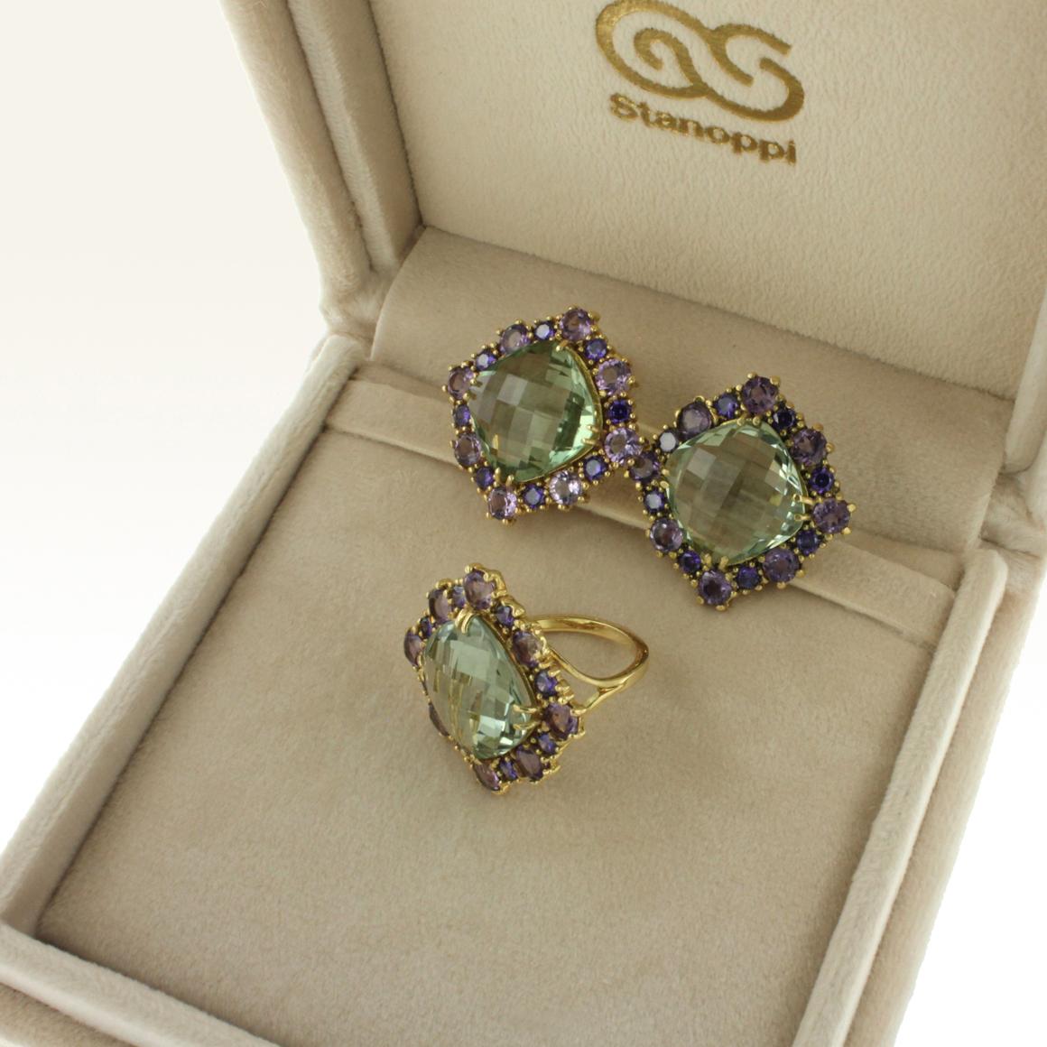 Women's or Men's 18 Karat Yellow Gold with Amethyst and Green Amethyst Earrings