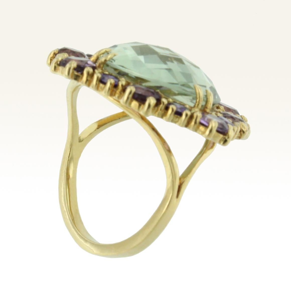 Modern 18 Karat Yellow Gold with Amethyst and Green Amethyst Ring