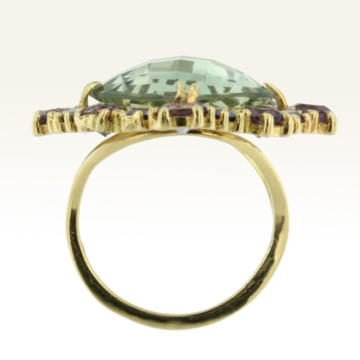 Round Cut 18 Karat Yellow Gold with Amethyst and Green Amethyst Ring