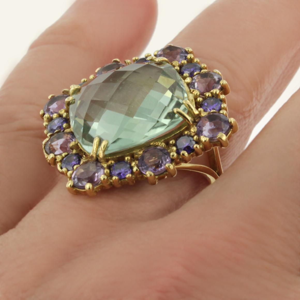 Women's or Men's 18 Karat Yellow Gold with Amethyst and Green Amethyst Ring