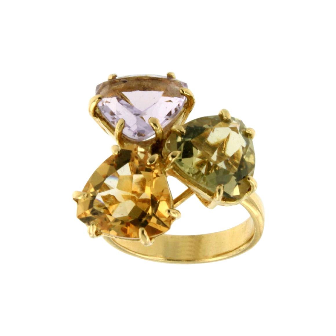 18k Yellow Gold with Amethyst Citrine and Lemon Quartz Ring For Sale