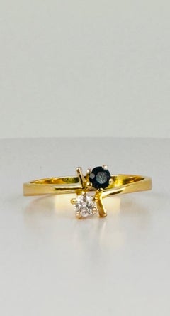 Ring 18k Yellow Gold Round Blue Sapphire Round Brilliant-Cut Diamond Toi & Moi